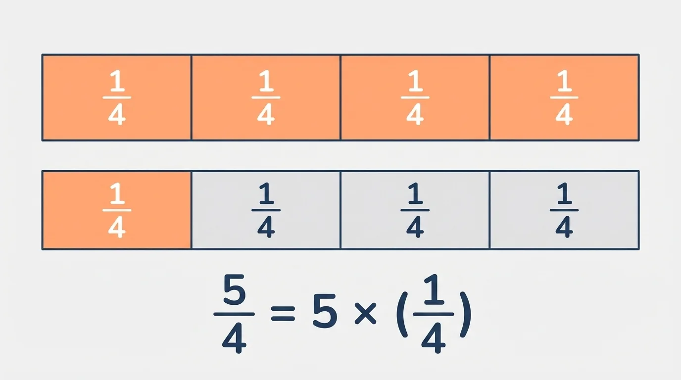 Two bars partitioned into fourths showing one full bar shaded and one extra fourth shaded on the second bar, representing 5/4 and 1 1/4