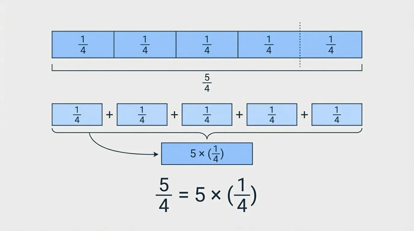 Fraction strip with five equal parts and three parts highlighted one by one, connecting repeated addition of one-fifths to three copies of one-fifth