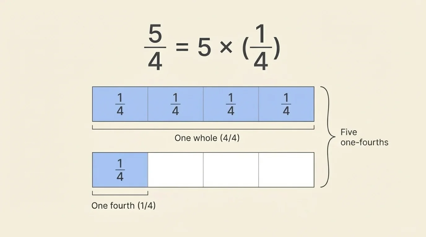 Two fraction bars divided into fourths, first fully shaded and second with one fourth shaded, representing five one-fourths