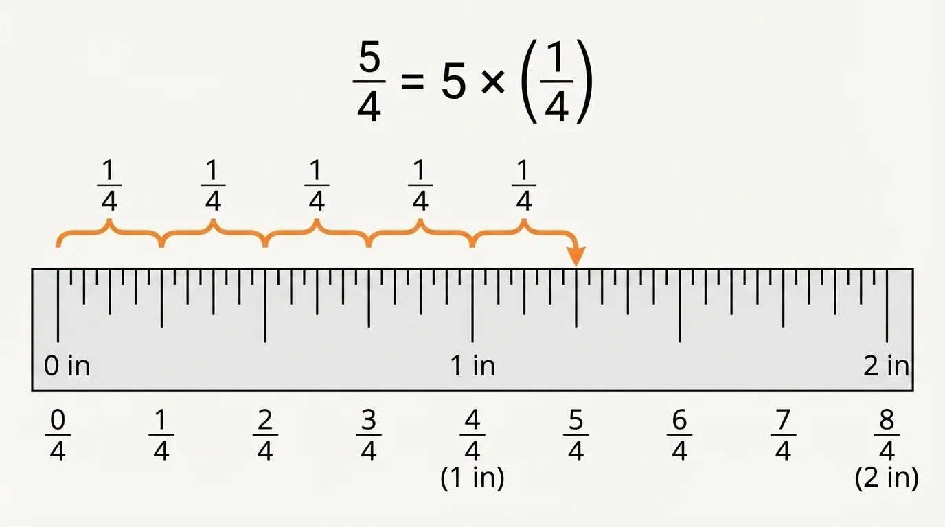 A ruler marked in fourth-inch intervals with the point at five fourths highlighted just past one inch