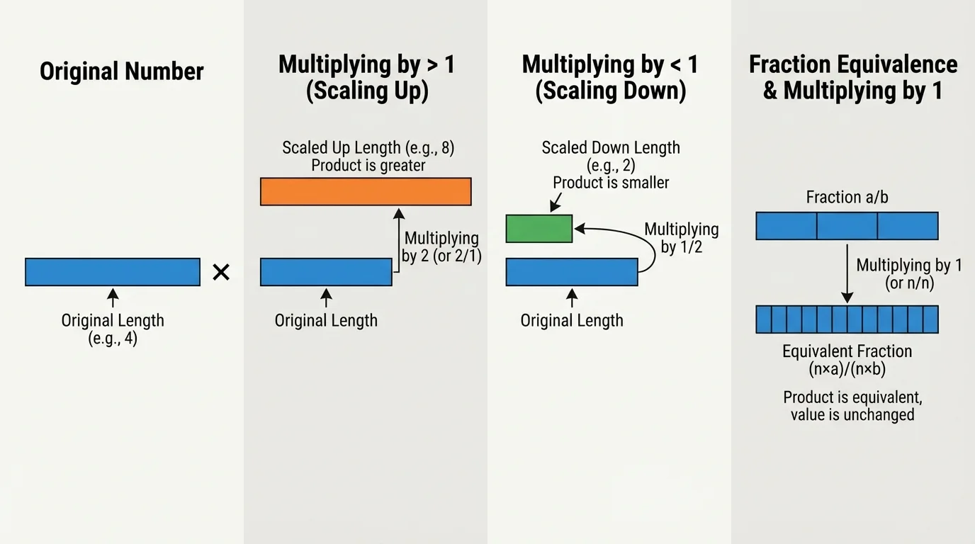 bar diagram with one original strip and larger strips for multiplying by 2 and 3, showing scaling up from an original length