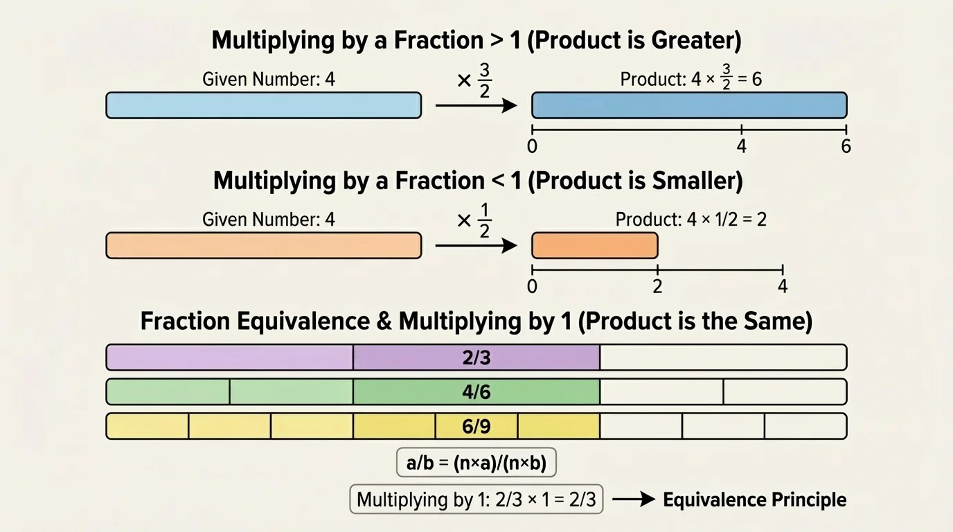 stacked fraction strips for two-thirds, four-sixths, and six-ninths covering the same total length to show equivalence