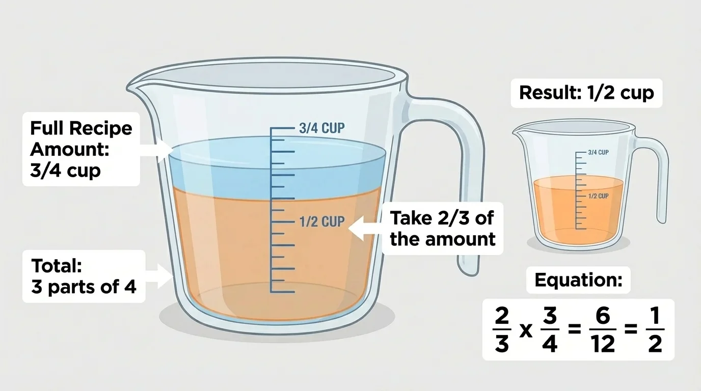 Measuring cup context showing three-fourths cup as the full recipe amount and two-thirds of that amount highlighted as one-half cup