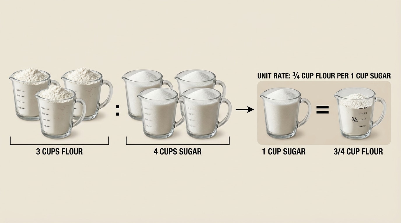 Visual model showing 3 cups of flour and 4 cups of sugar using icons, then grouping to show 3/4 cup of flour matching 1 cup of sugar to illustrate the unit rate flour per cup of sugar