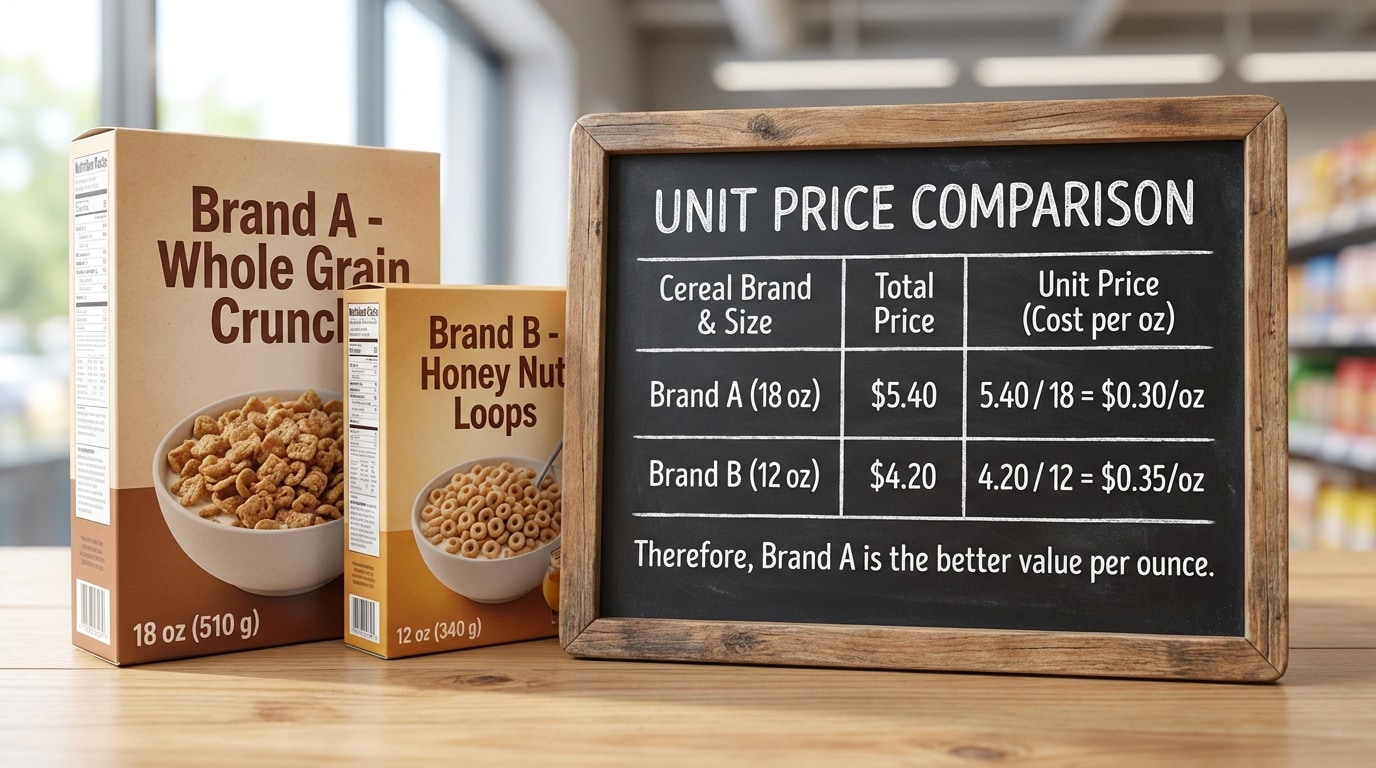 Table with two cereal brands, showing size (oz) and total price, plus an extra column computing cost per ounce for each brand to visually compare unit prices