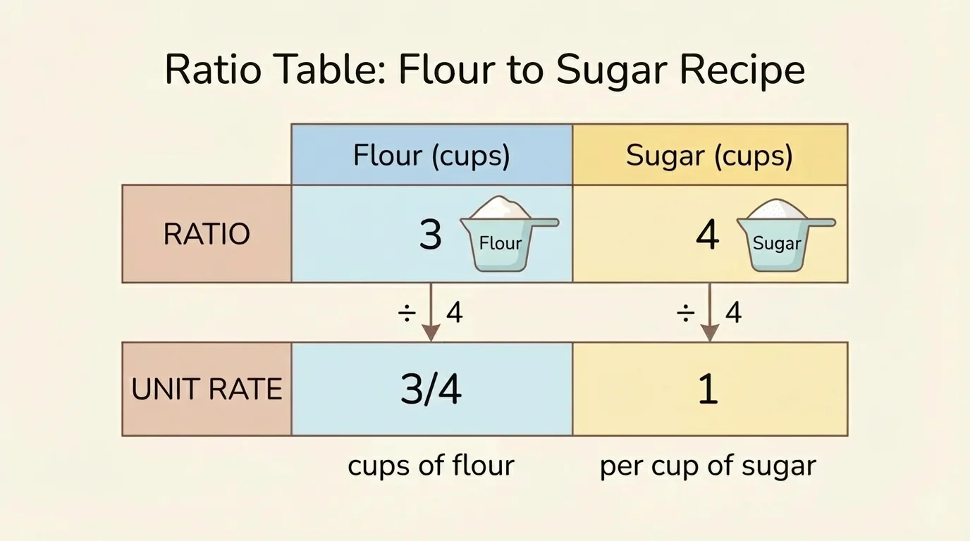 ratio table showing 3 cups flour to 4 cups sugar and the unit-rate row with 3/4 cup flour to 1 cup sugar
