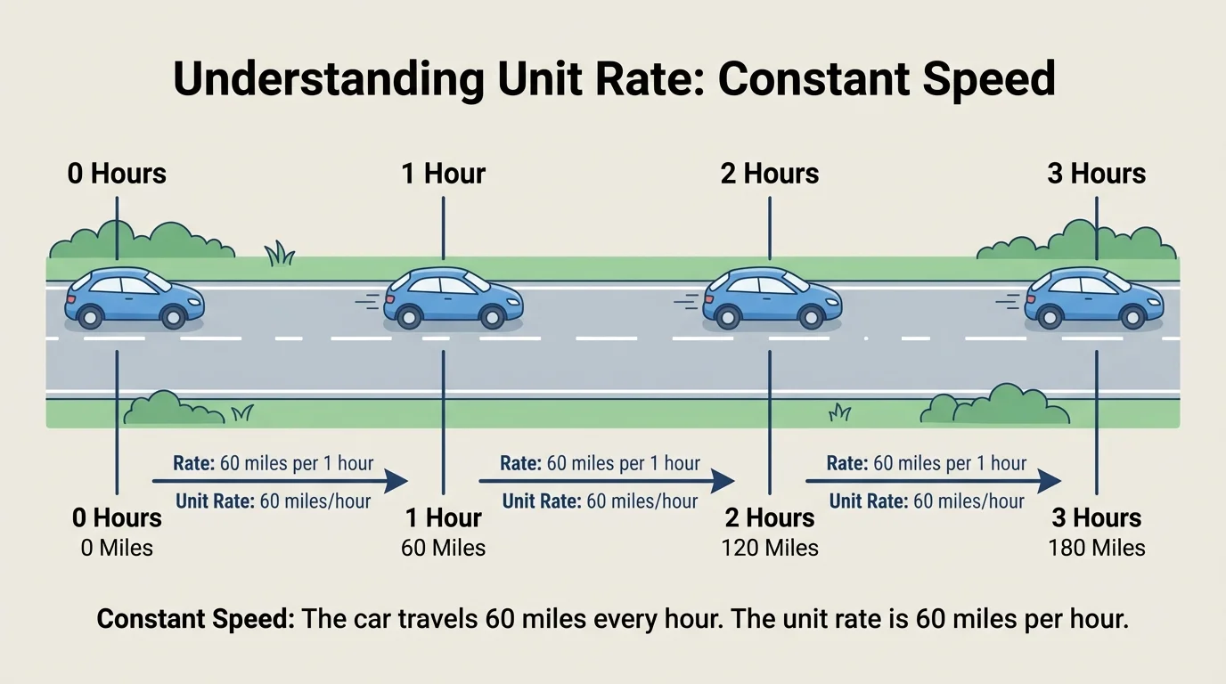 car on a road with hour markers showing equal distances traveled each hour, such as 60 miles every 1 hour
