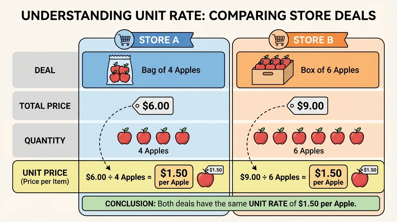 side-by-side comparison chart of two store deals showing total price, quantity, and unit price per item