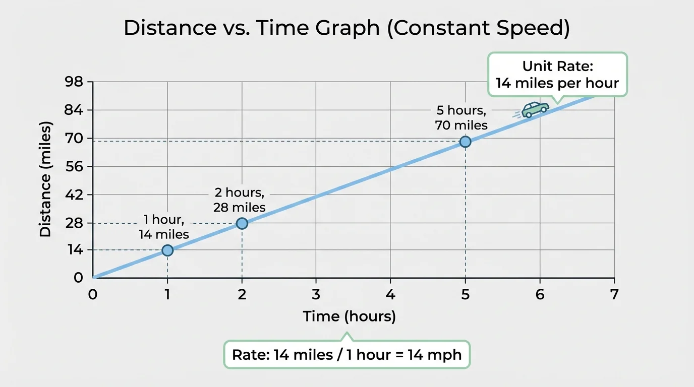 Distance versus time graph with a straight line through labeled points such as 1 hour 14 miles, 2 hours 28 miles, and 5 hours 70 miles