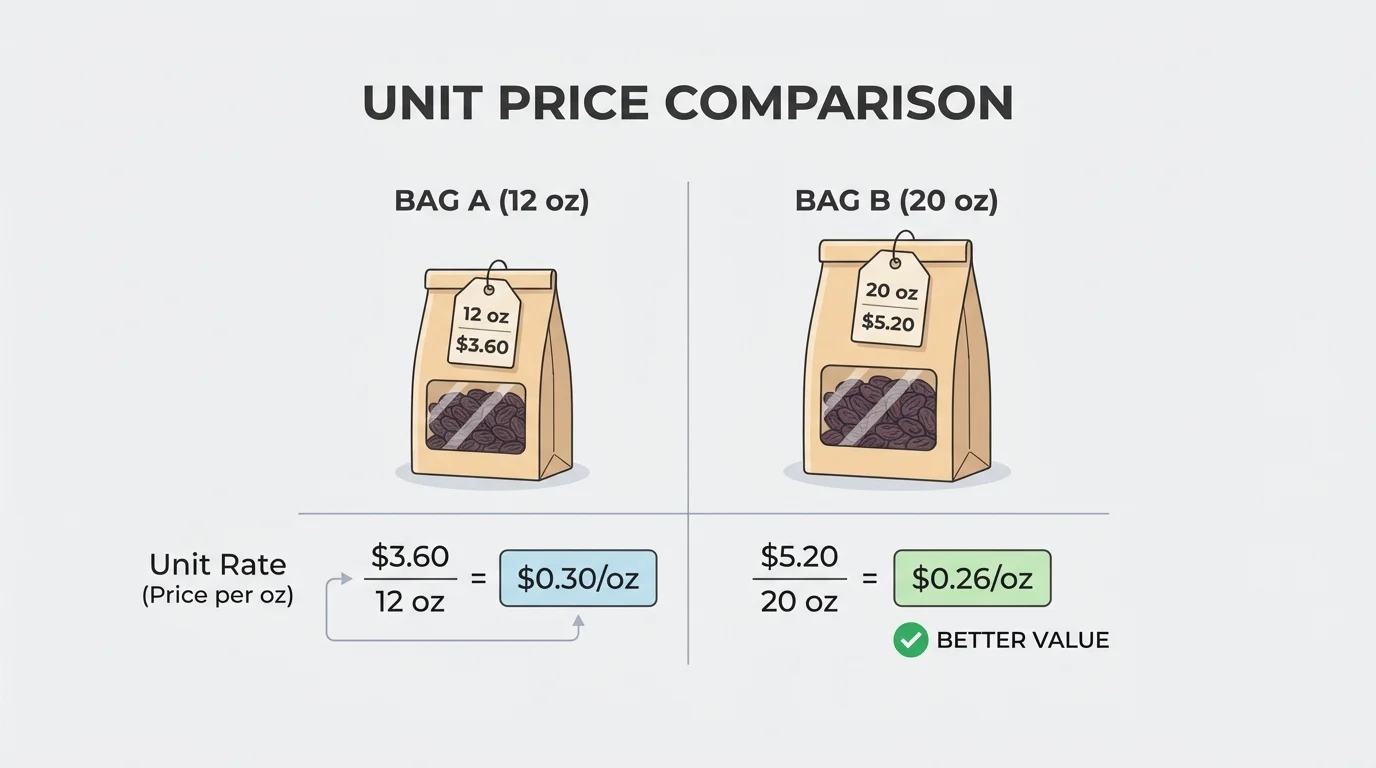 Simple comparison chart with two raisin bags labeled 12 ounces at $3.60 and 20 ounces at $5.20 for unit-price comparison