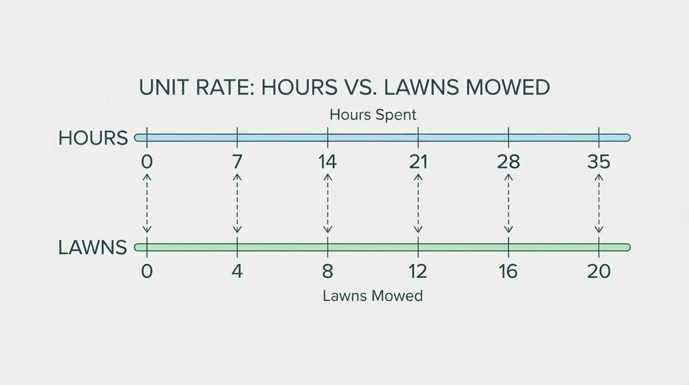 Double number line with hours on one line and lawns on the other, marked at equivalent pairs 7 and 4, 14 and 8, 21 and 12, 28 and 16, 35 and 20