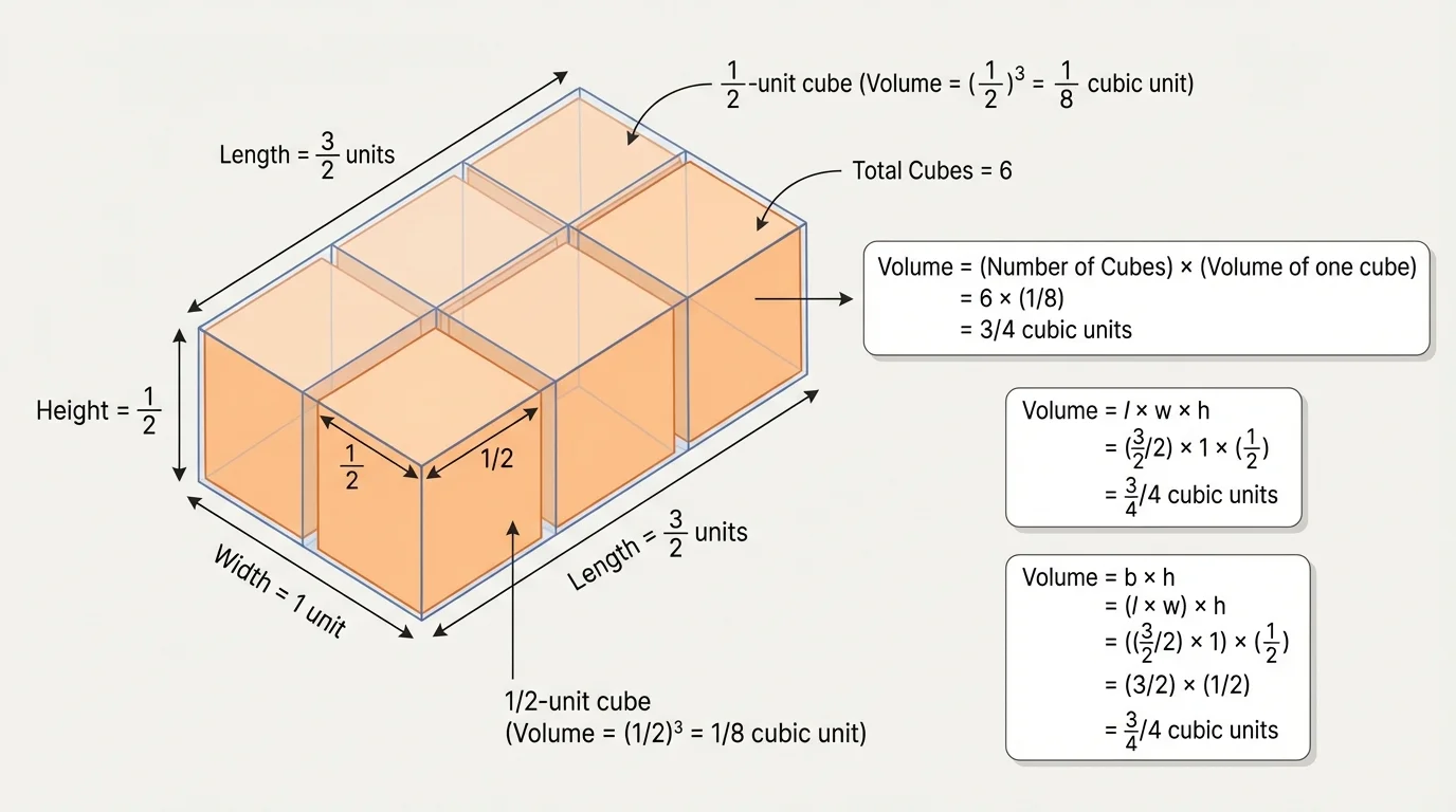 Right rectangular prism partitioned into half-unit sections along length, width, and height, filled with small cubes of edge length one-half unit
