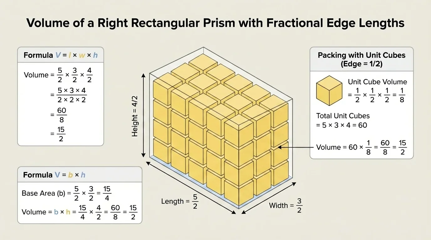 Rectangular prism with the bottom base shaded, base side lengths labeled as fractions, and the vertical height labeled separately