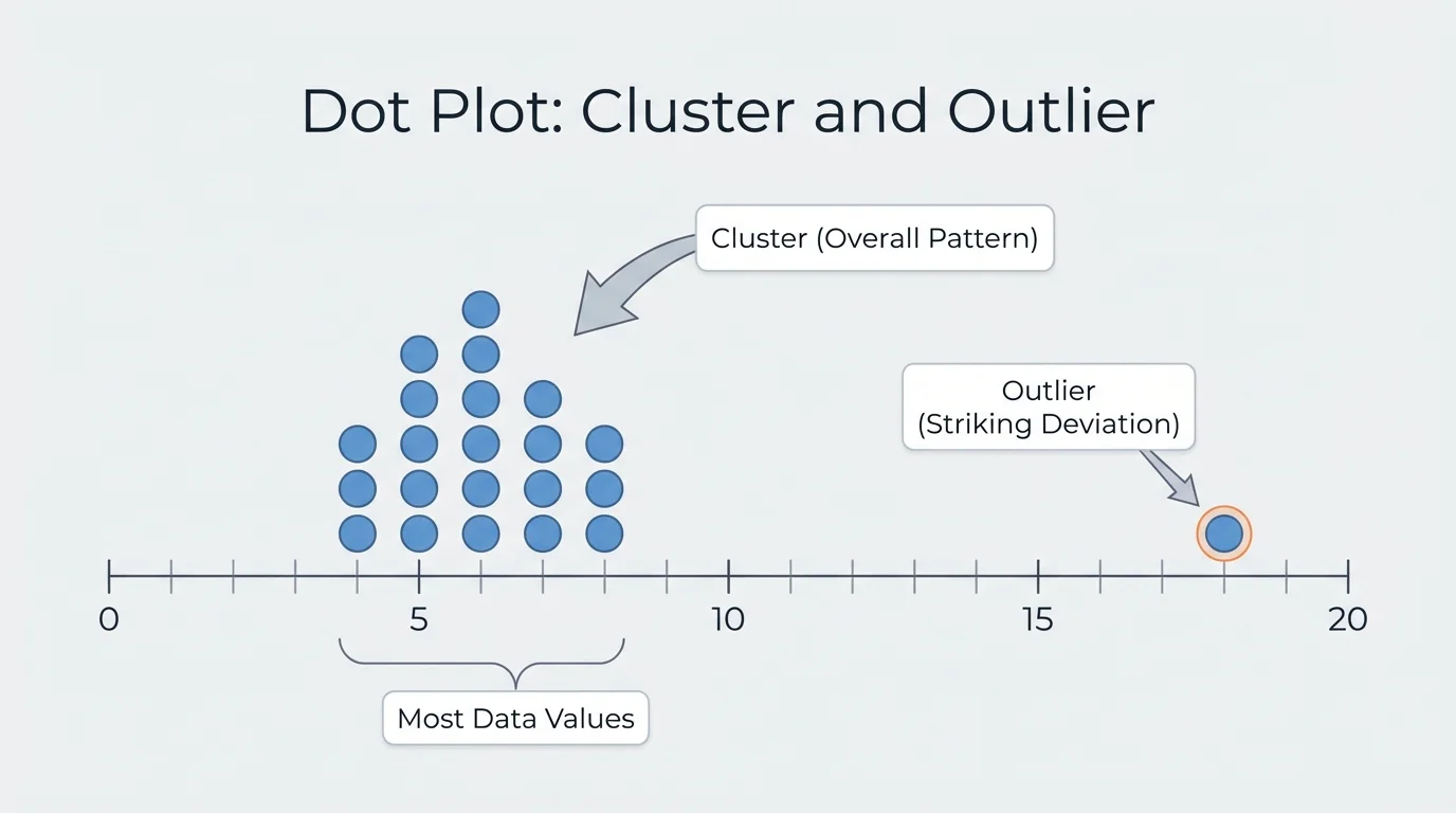 dot plot with most data values clustered together and one far-away point labeled outlier to show a striking deviation