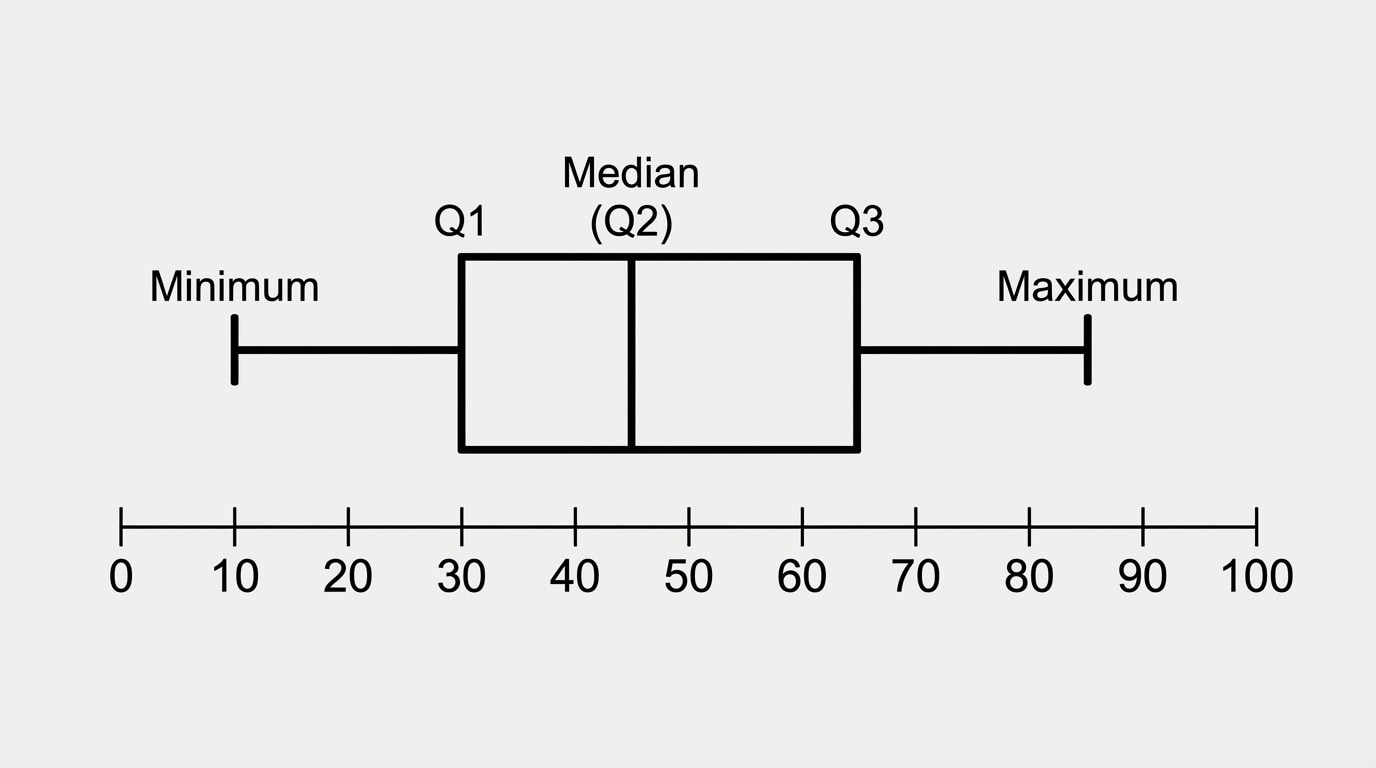 A box-and-whisker plot on a number line labeled with minimum, Q1, median, Q3, and maximum, clearly showing the box and whiskers