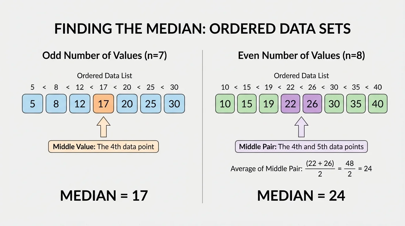 ordered lists of seven and eight data values with the middle value or middle pair highlighted to show how median is found