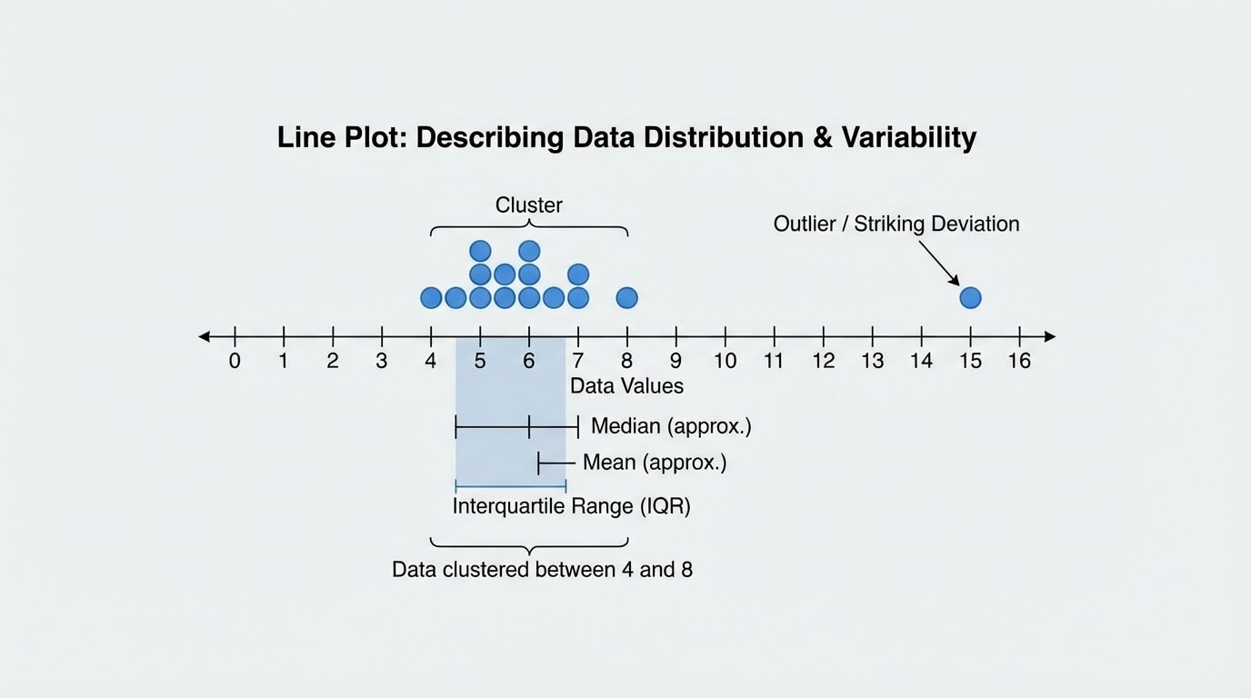 A line plot of data clustered between 4 and 8 with a single dot at 15 clearly labeled as an outlier/striking deviation