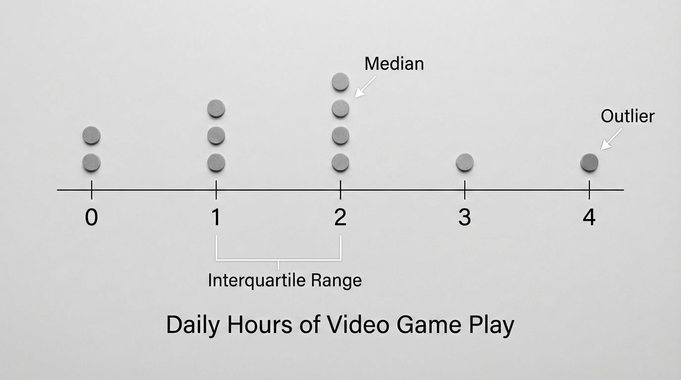 A simple dot plot on a number line showing daily hours of video game play for a small group of students, with dots above whole-number values like 0, 1, 2, 3, 4