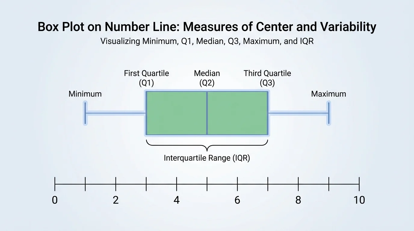 number line with minimum, first quartile, median, third quartile, and maximum marked, with the middle half shaded to illustrate interquartile range