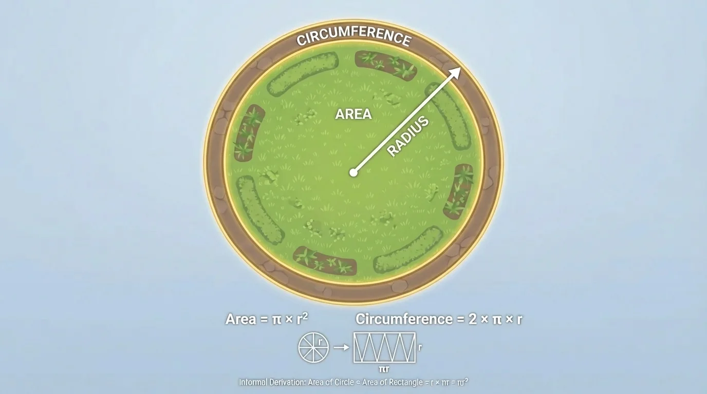 Top view of a circular garden with the inside region shaded to represent area, the outer border highlighted to represent circumference, and a radius labeled from center to edge