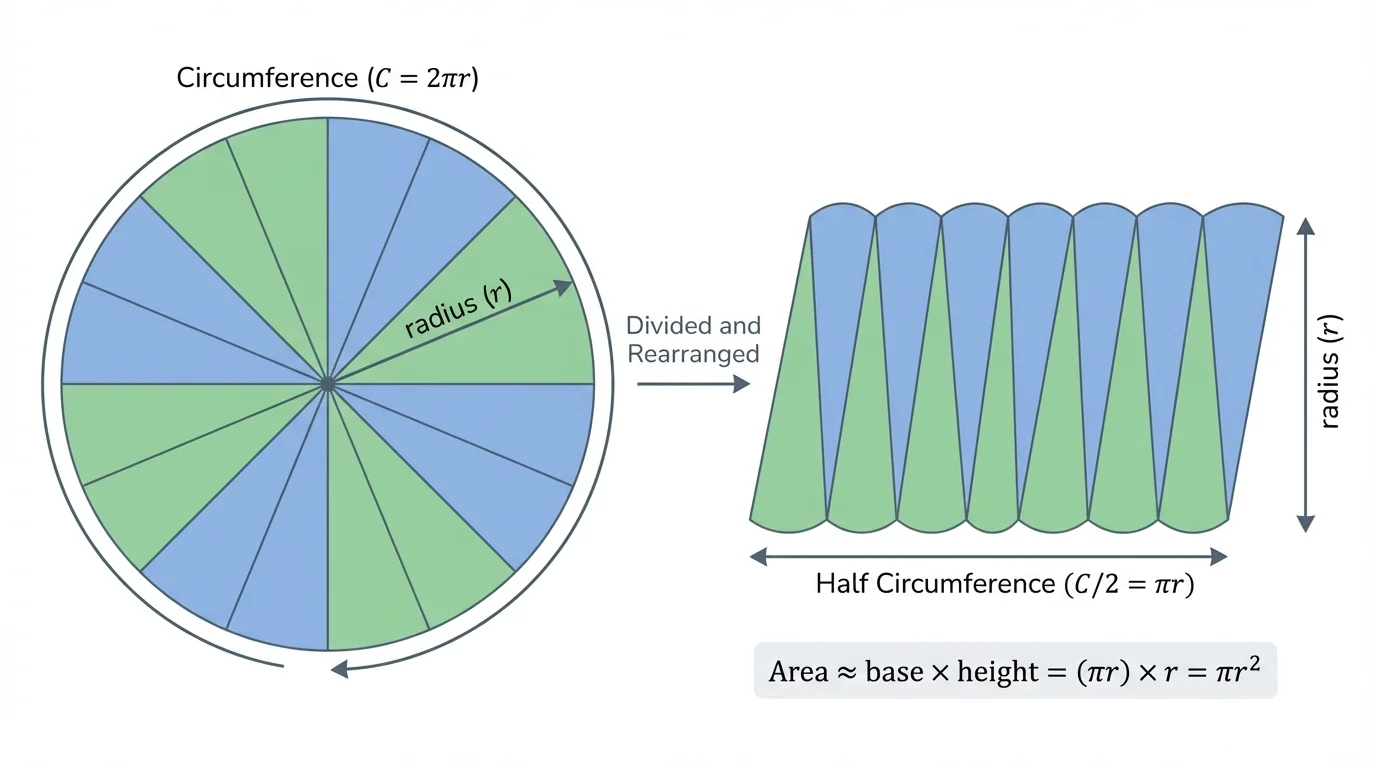 Circle divided into many equal sectors and rearranged into a nearly rectangular shape, with height labeled radius and base shown as half the circumference