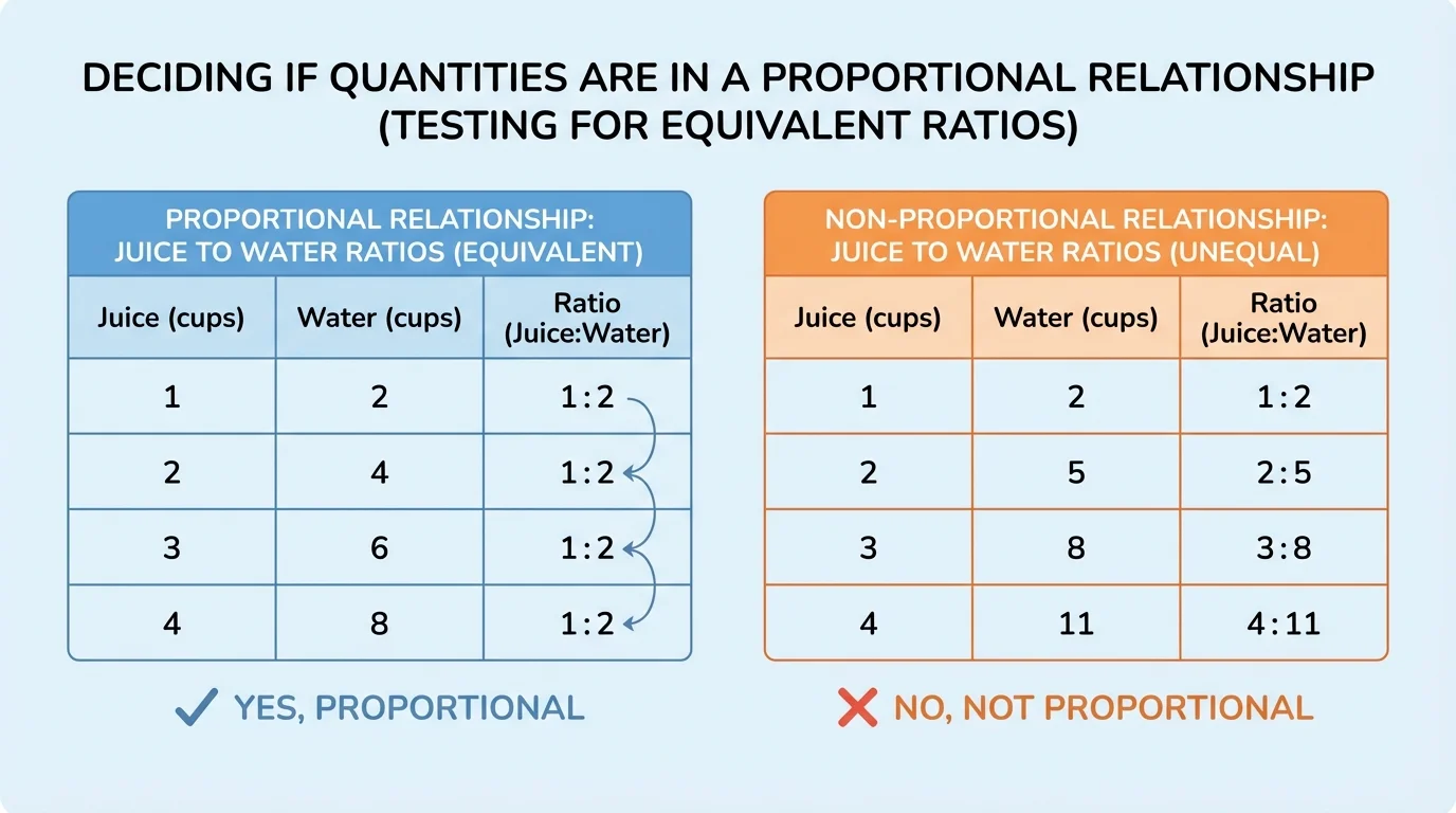 chart showing two side-by-side tables, one with equivalent ratios such as cups of juice to cups of water and one with unequal ratios