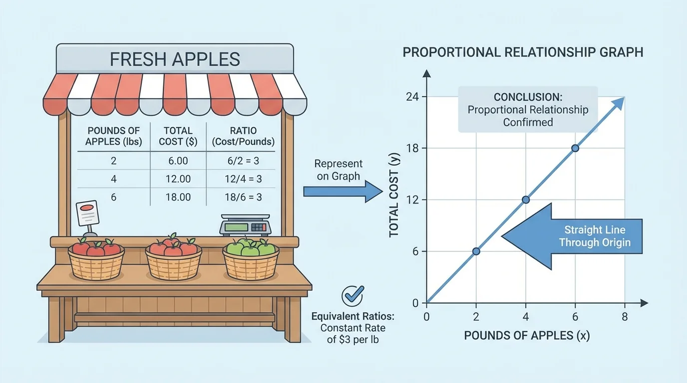 illustration of a produce stand with pounds of apples and matching total costs, connected to a simple proportional graph idea