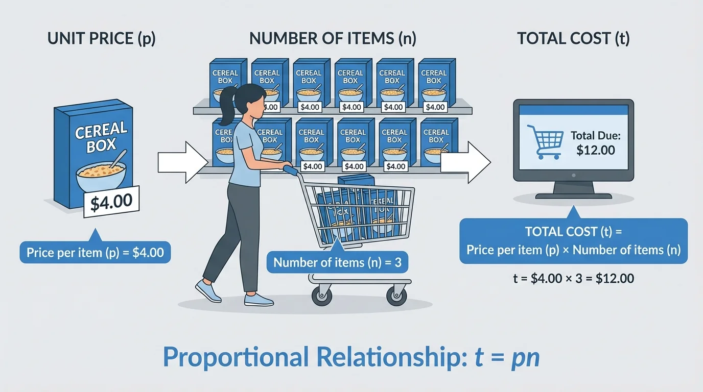 identical store items with the same price tag, a shopper selecting different numbers of items, and visual labels connecting item count, price per item, and total cost