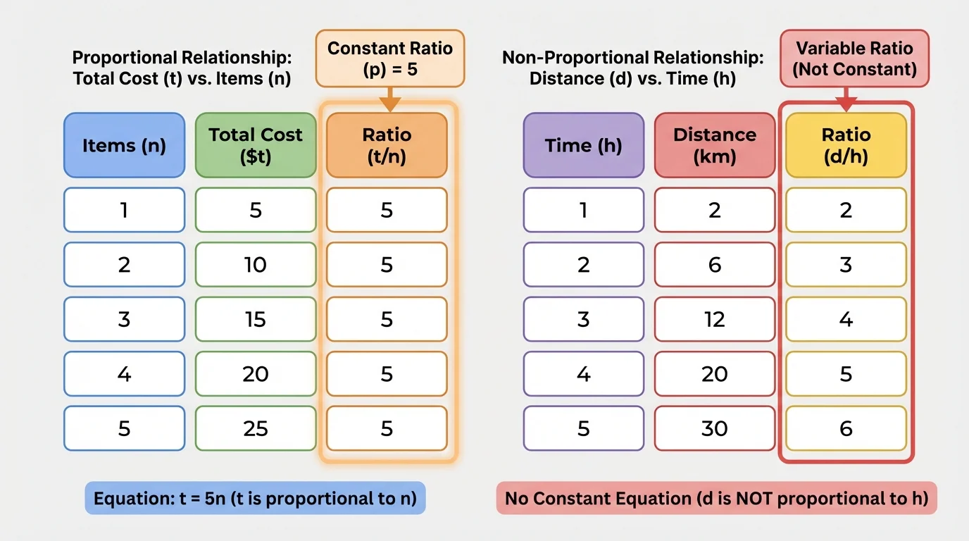 chart comparing two quantity tables, one with a constant ratio between corresponding values and one without, highlighting the constant ratio column