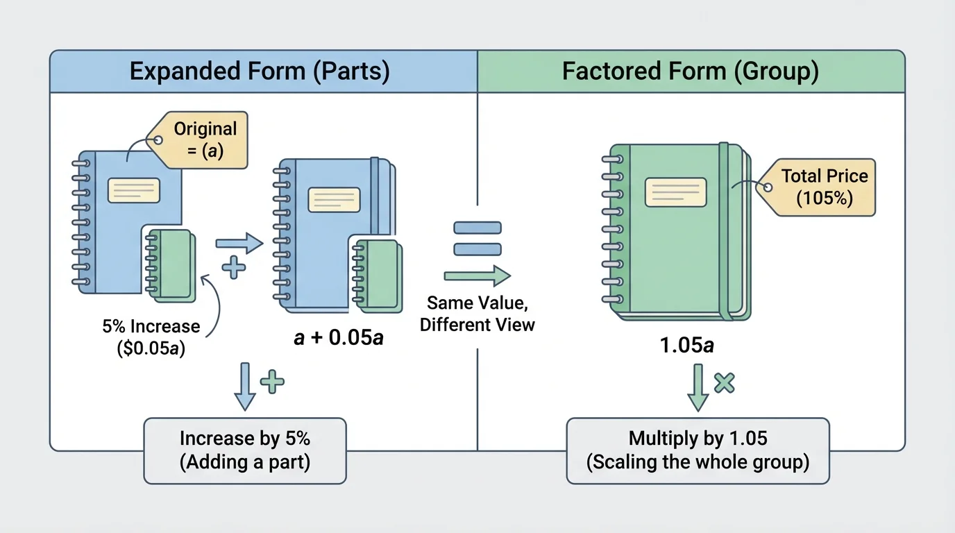 Comparison chart showing a ticket or notebook situation written in expanded form and factored form, with brief labels indicating parts versus groups