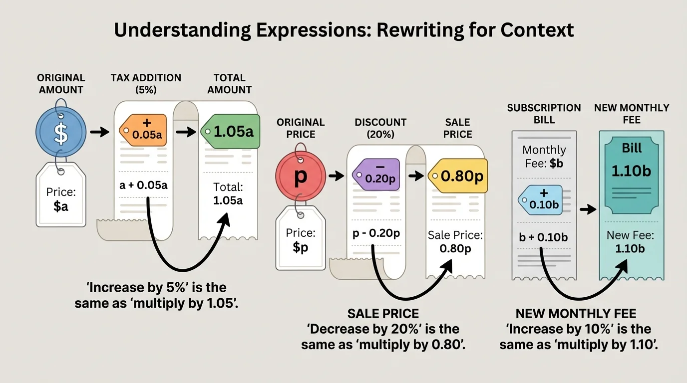 Shopping receipt style scene with price tag, sale label, tax note, and subscription bill icons representing original amount, discount, and percent increase