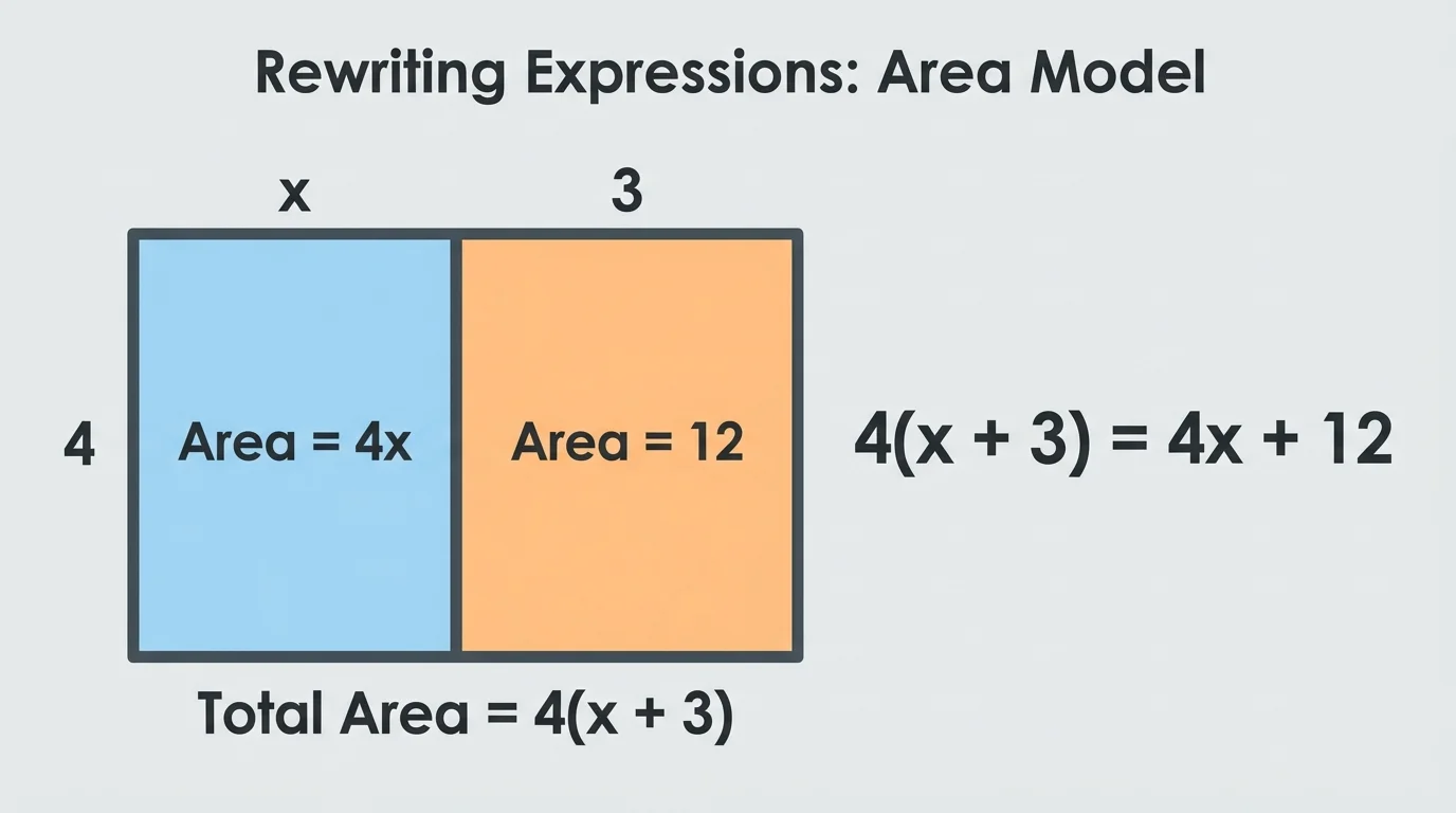 Rectangle split into two parts showing one side labeled x and 3, other side labeled 4, with total area represented as both combined rectangle and sum of smaller areas