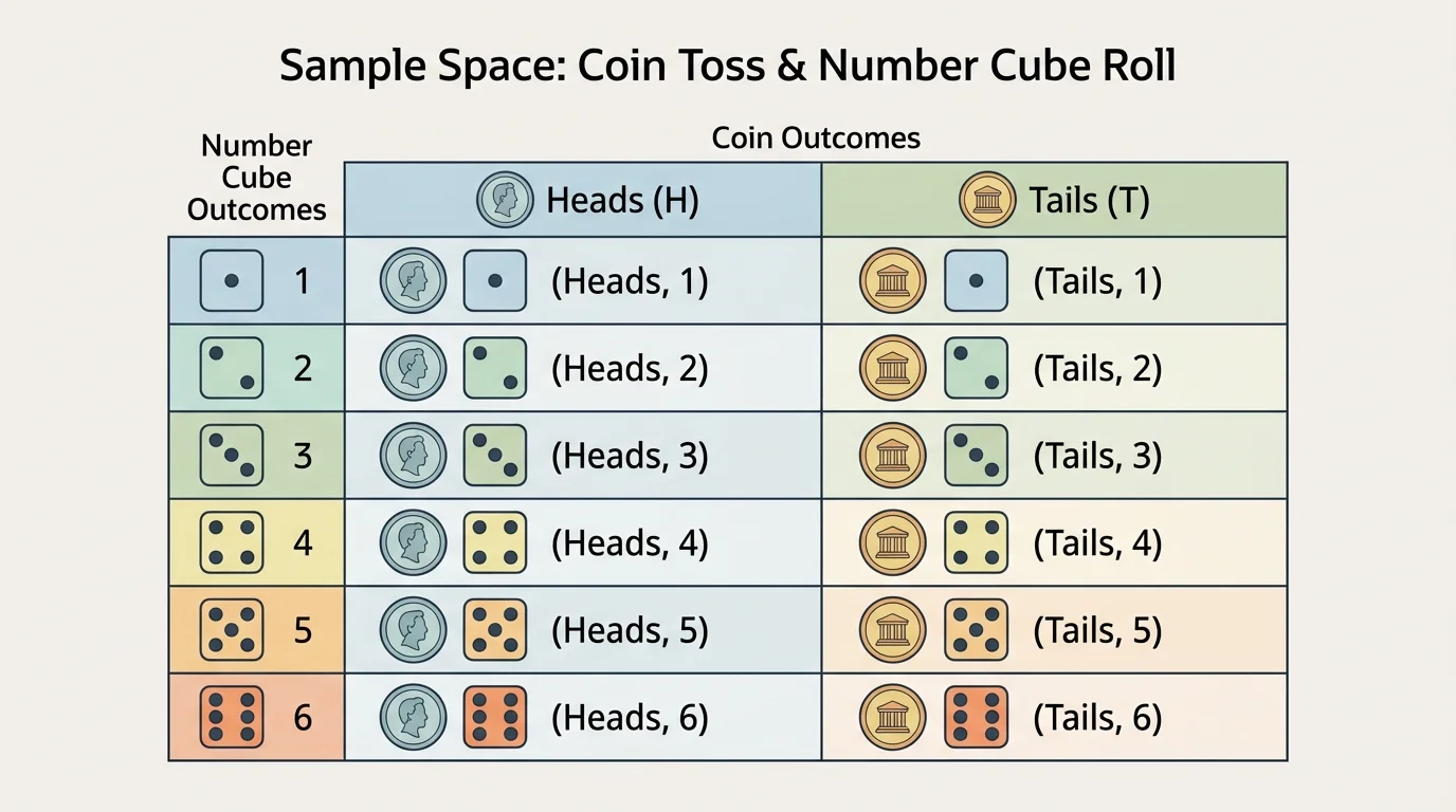 chart with coin outcomes Heads and Tails across the top and number cube outcomes 1 through 6 down the side, showing all 12 outcome pairs in the grid