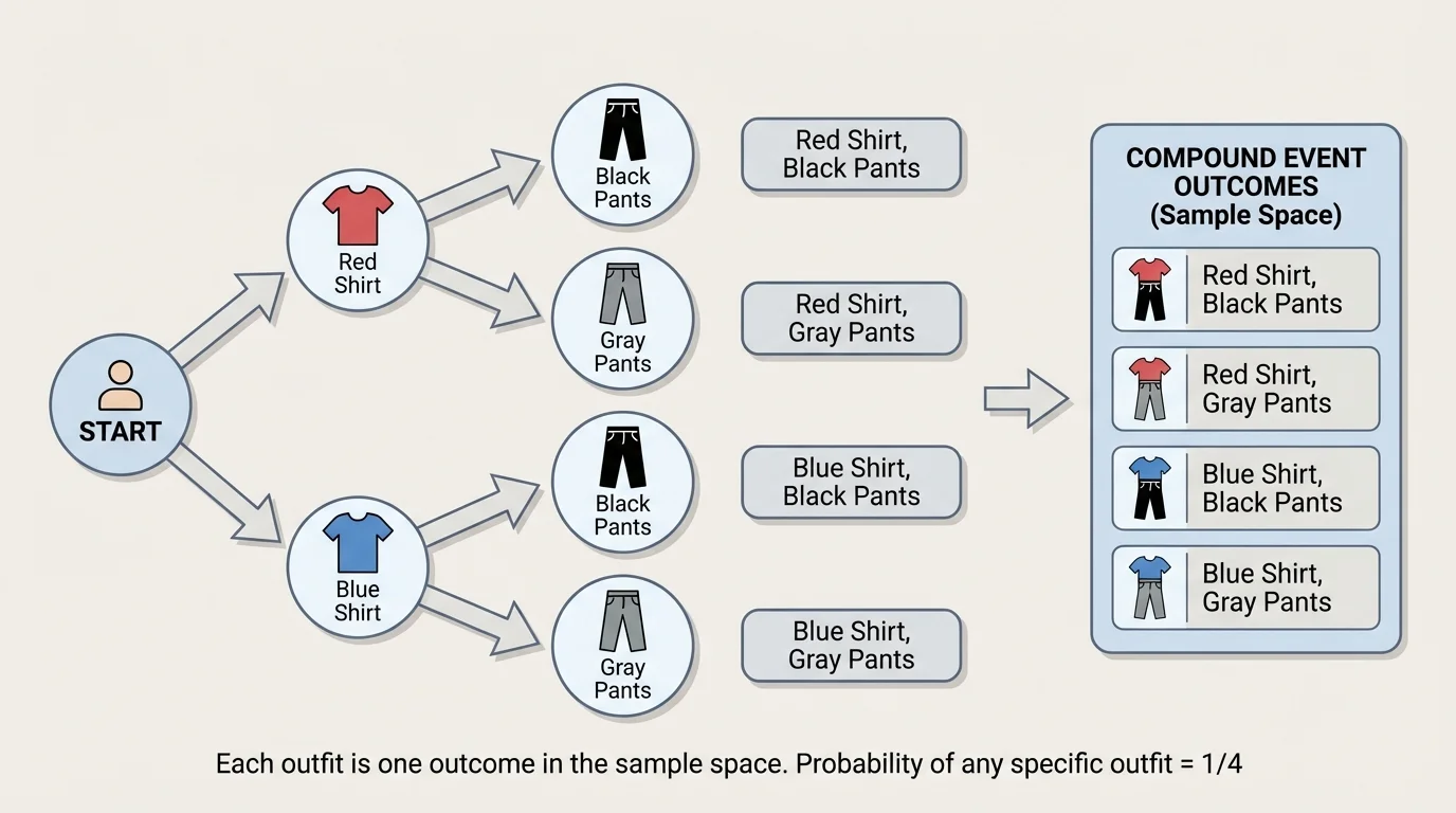 tree diagram with a start point branching to red shirt and blue shirt, and from each branch to black pants and gray pants, ending in four labeled outfits