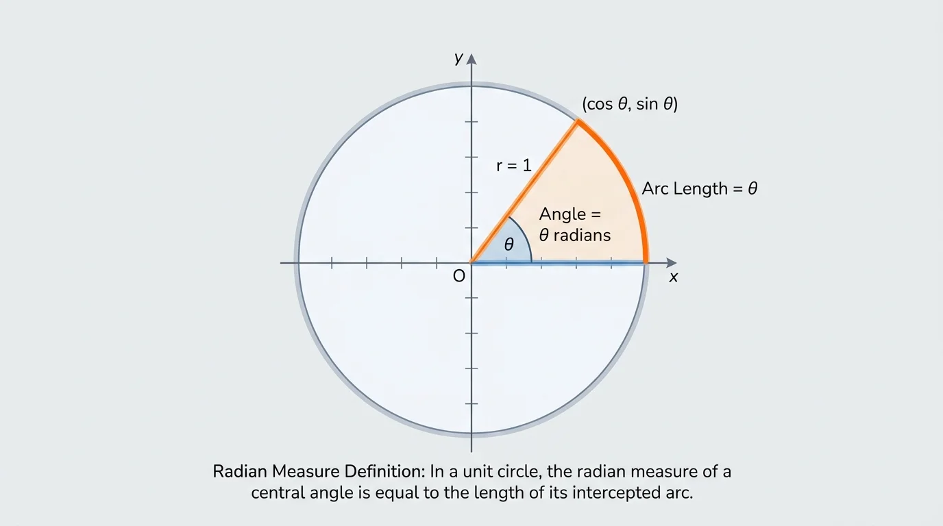 Unit circle centered at origin with a central angle from the positive x-axis and the intercepted arc highlighted
