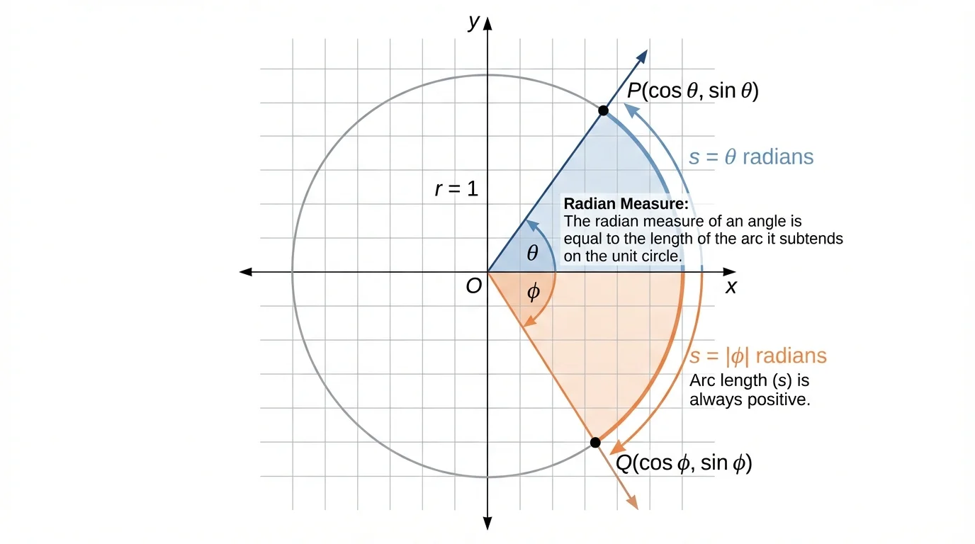 Coordinate plane with unit circle showing a positive angle counterclockwise and a negative angle clockwise from the positive x-axis