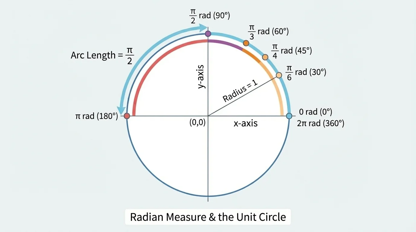 Unit circle marked with common angles such as 0, pi/6, pi/4, pi/3, pi/2, pi, and 2pi with degree equivalents