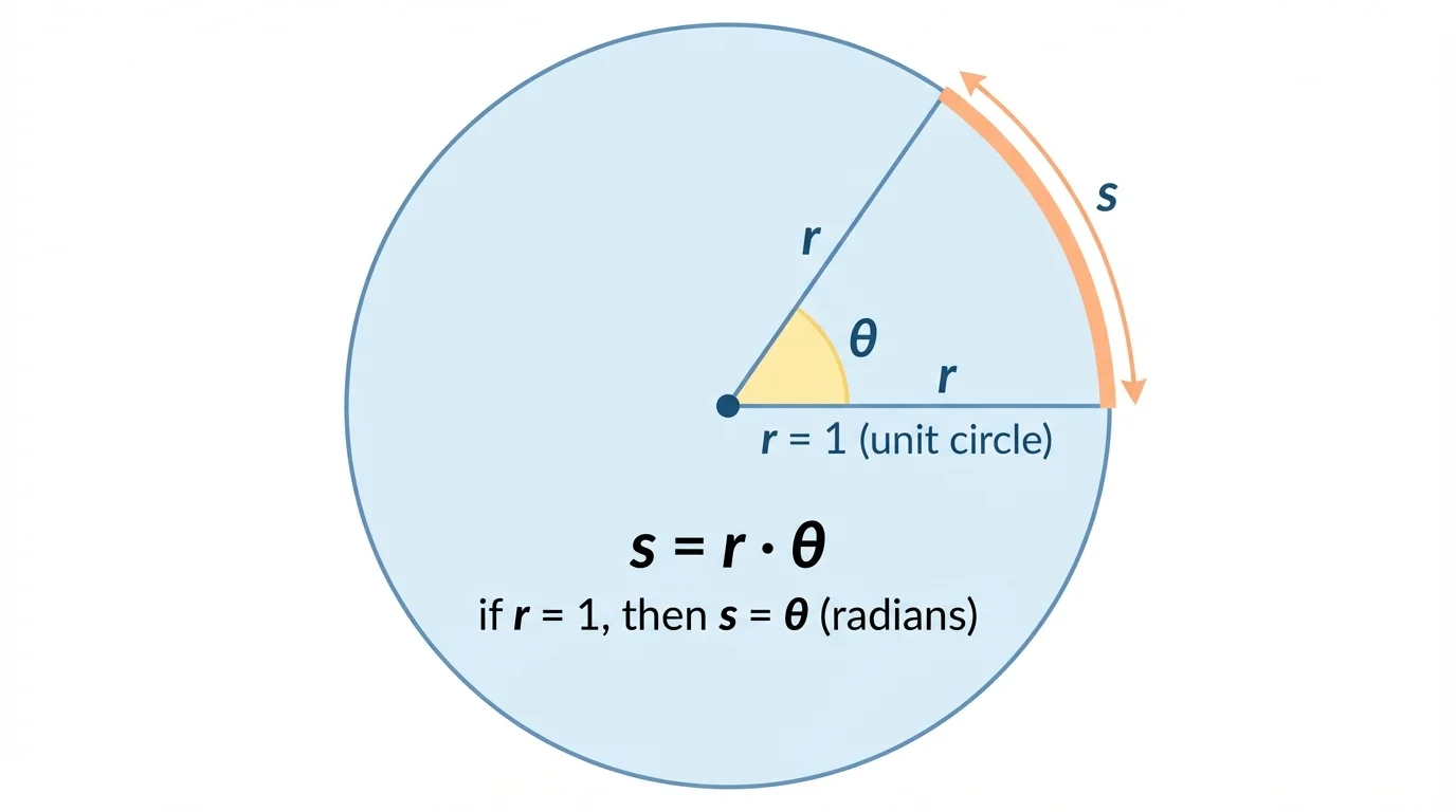Circle with radius labeled r, central angle theta, and intercepted arc labeled s to illustrate the relationship s equals r times theta