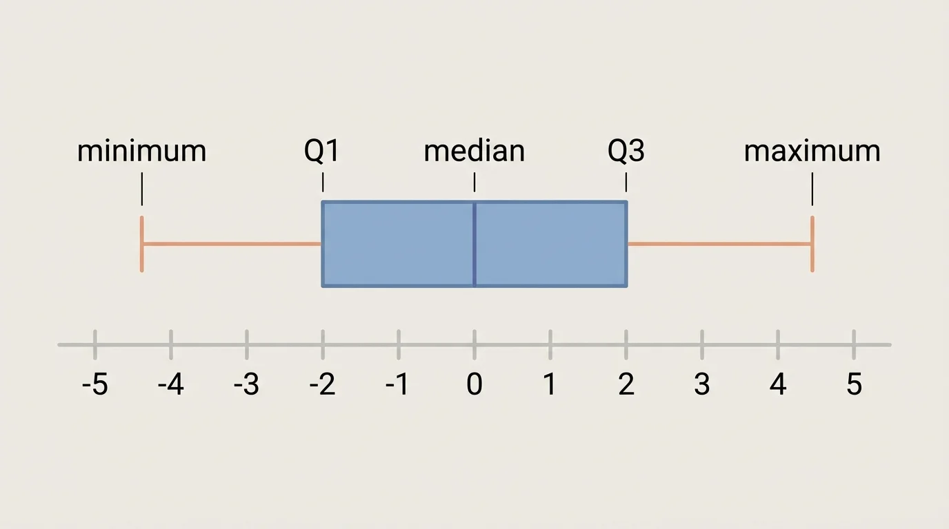 box plot on a number line labeled minimum, Q1, median, Q3, and maximum with a rectangular box and whiskers