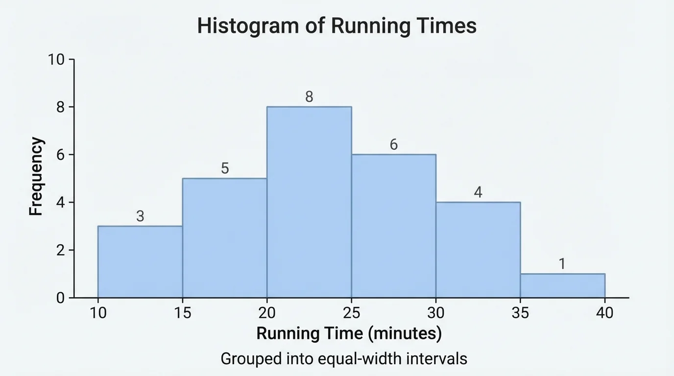 histogram of running times grouped into equal-width intervals with adjacent bars touching and intervals labeled along a number line