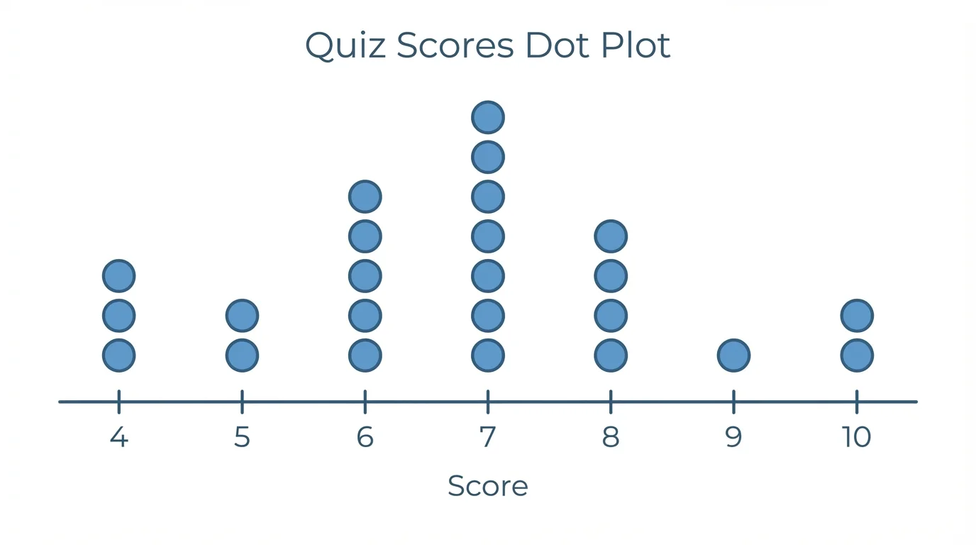 dot plot of quiz scores from 4 to 10 with repeated values stacked vertically above exact score values on a number line