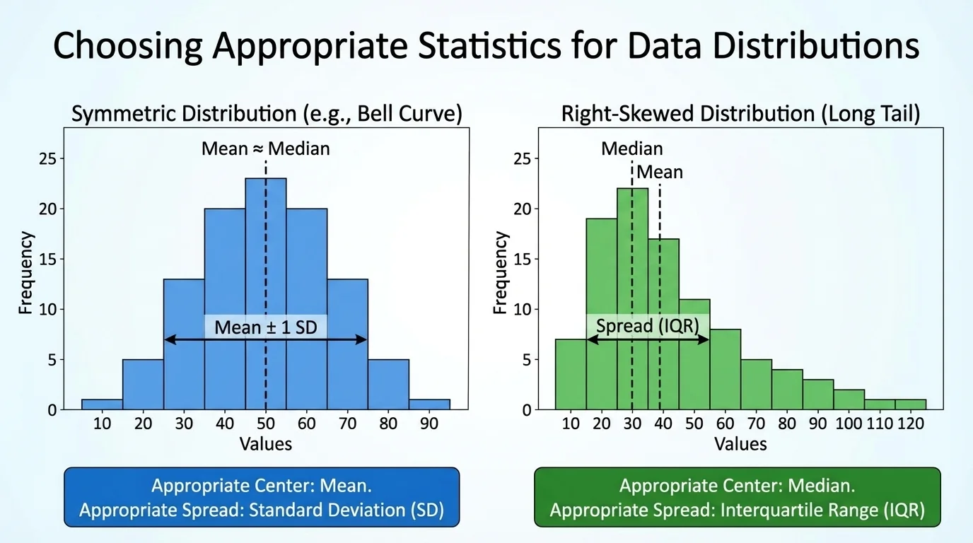 Two side-by-side histograms, one roughly symmetric and one right-skewed with a long tail to the right, both with simple labeled axes for values and frequency
