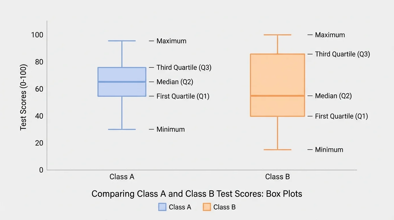 Side-by-side box plots for Class A and Class B with labeled minimum, first quartile, median, third quartile, and maximum, showing different medians and box widths