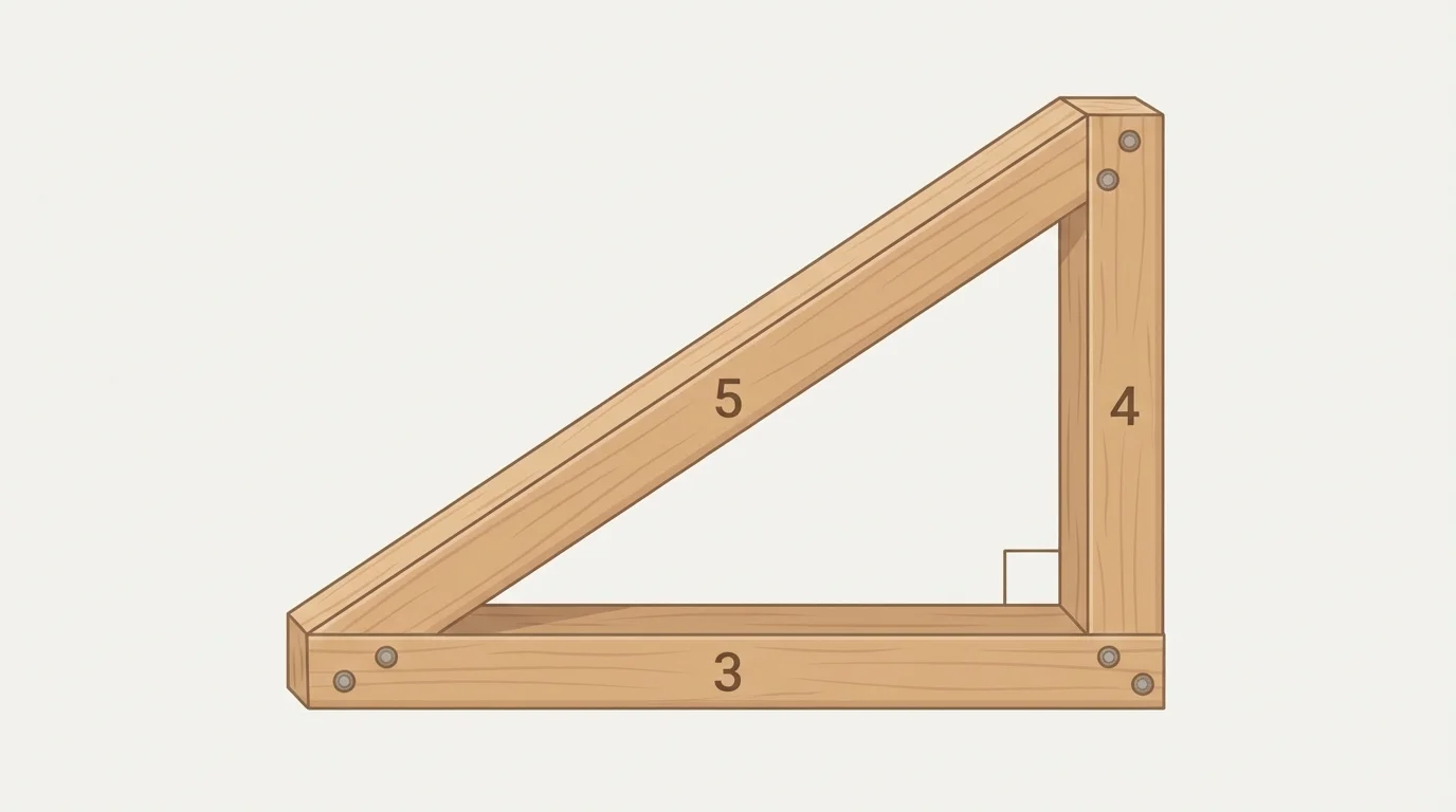 construction frame or roof truss forming a right triangle, with side lengths 3, 4, and 5 marked on the beams