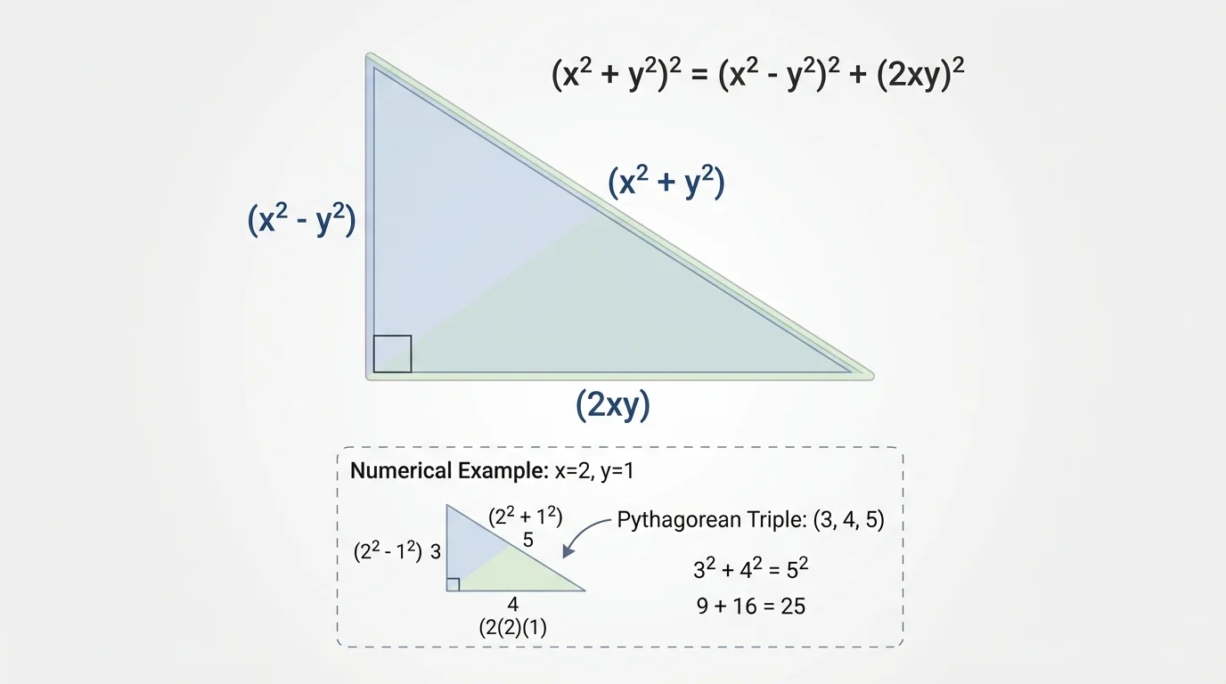 right triangle labeled with legs x^2-y^2 and 2xy and hypotenuse x^2+y^2, with a small numeric example using x=2 and y=1