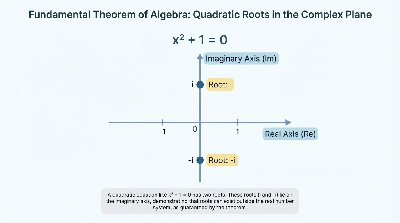 Complex plane with horizontal real axis, vertical imaginary axis, and labeled points i and -i, showing that roots of x^2 + 1 = 0 lie off the real axis