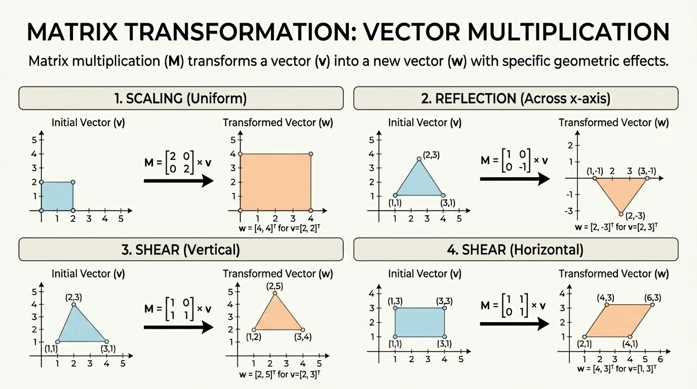 chart-style diagram with three small coordinate planes showing one shape before and after scaling, reflection across x-axis, and shear