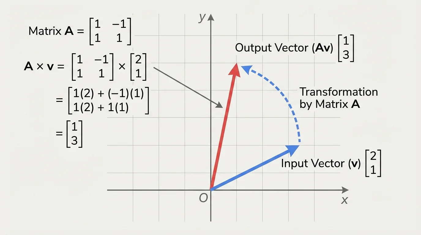 graph with original vector and transformed vector from the origin on x-y axes, labeled input and output