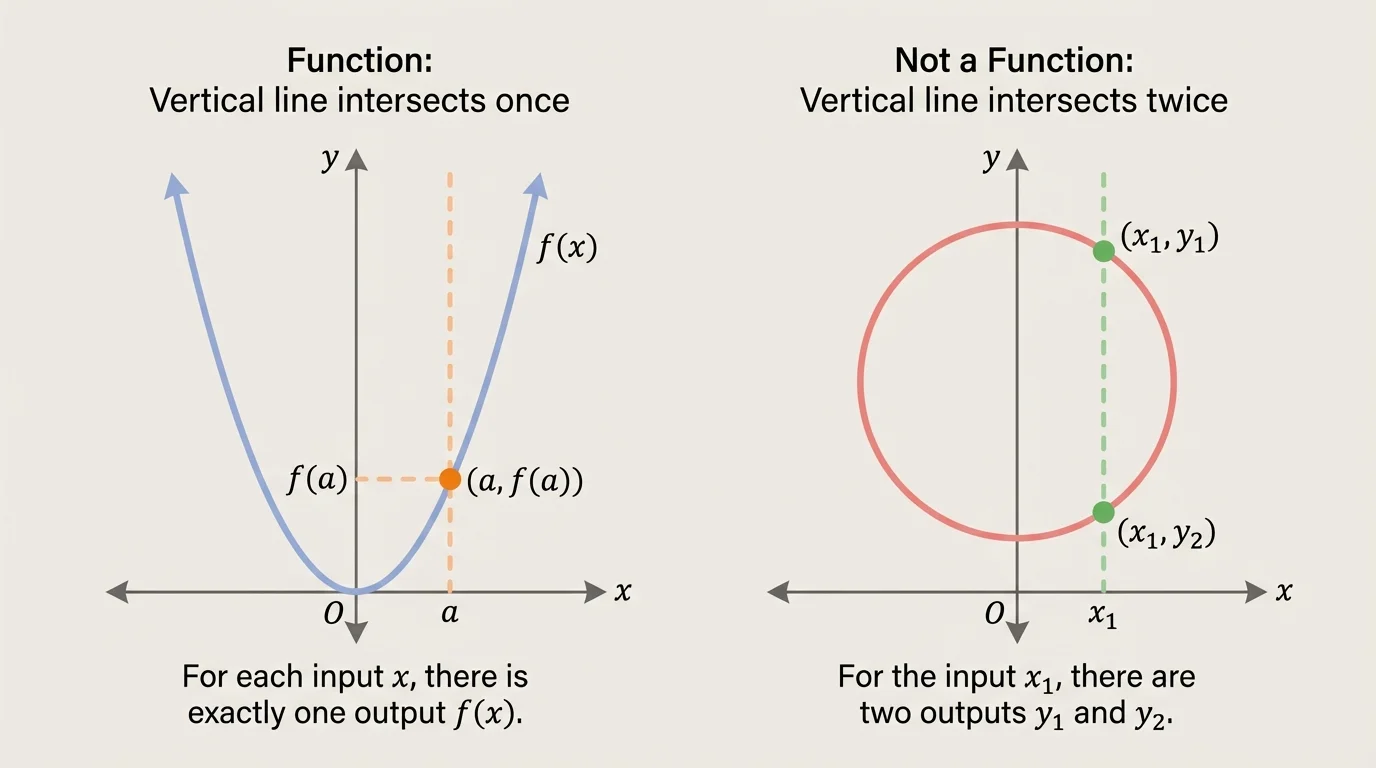 Two coordinate graphs side by side, an upward-opening parabola and a circle, each with a vertical line drawn to show one intersection on the parabola and two intersections on the circle
