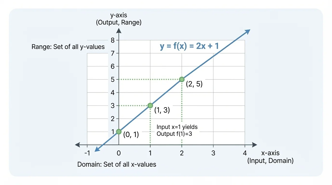 Coordinate plane with the graph of a linear function y=2x+1, showing labeled points such as (0,1), (1,3), and (2,5) on the line
